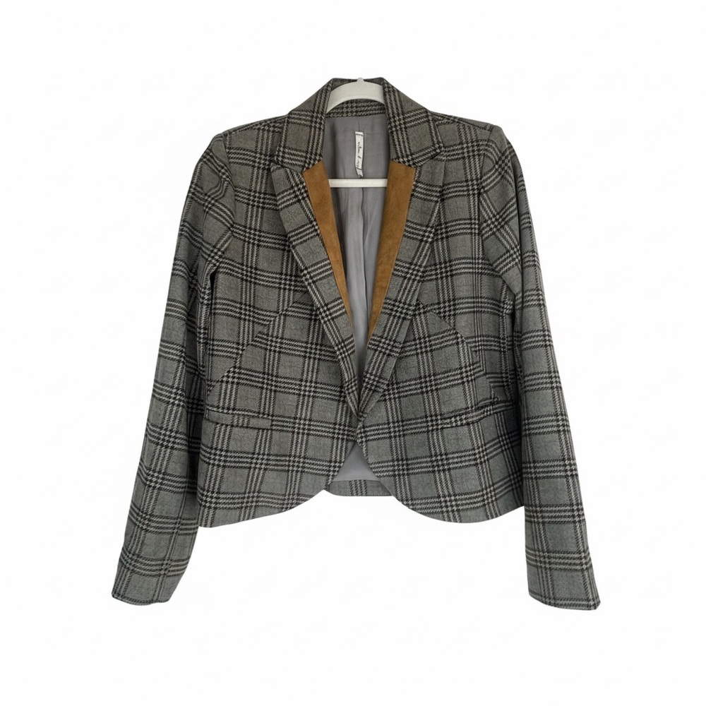 Willow & Clay Wool Blend Plaid Cropped Blazer w/ Suede Lapels (L)